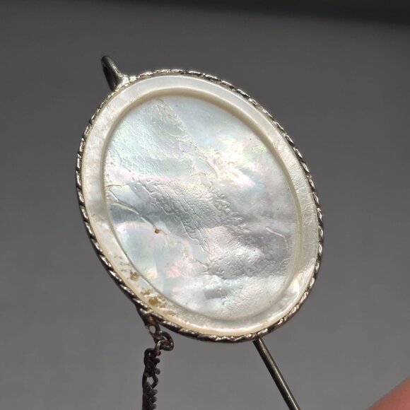VTG Italian Sterling Silver MOP Stick Pin 3" Figaro Safety Chain - Picture 8 of 11
